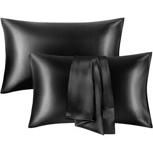 Set of 2 Queen Size 20x30 Satin Pillowcases for Hair & Skin Soft Silky - Black
